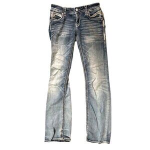 Rock Revival Distressed Slim-Fit Mid-Rise Bootcut Blue Jeans Size 29